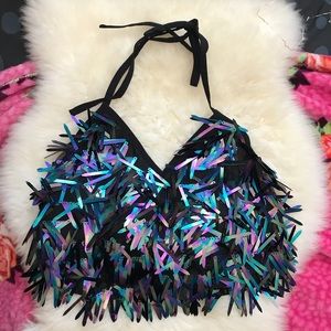 NWT sequin open back crop top. Ties in back rave